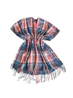 PONCHO ~ Women’s Plaid Pink and Blue and White One Size Fits All